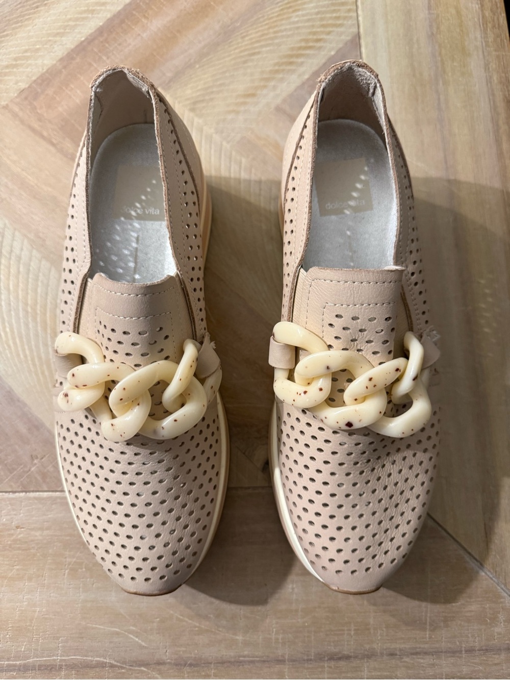 Dolce Vita Cream-Beige Perforated Slip-On Mules with Chunky Chain